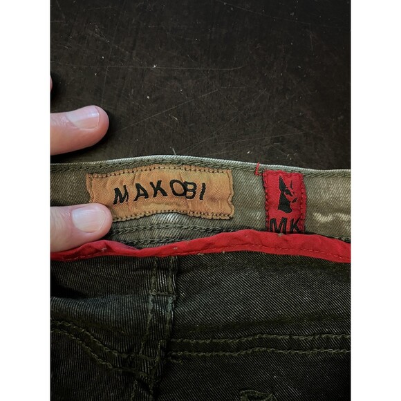 Makobi Jeans Mens 36x32 Olive Green Distressed Moto Zipper Pockets Style M1794 - Picture 9 of 13